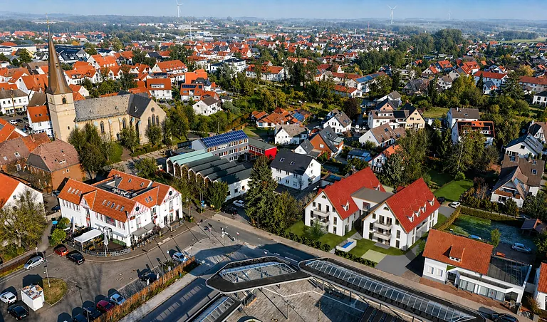 Luftbild der Alten Bielefelder Straße mit virtuell eingefügtem Neubau